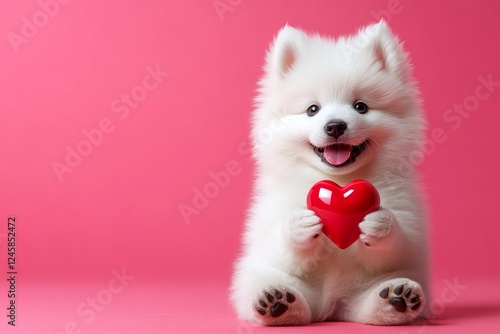 Cute samoyed canine with diamond red heart - sign of love, funny greeting card. Ad concept art. Samoyed - my cherished dog. February 14 dog themes. Valentine's animal friendship stories. photo