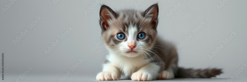 Cute gray and white kitten sits on a light background, showcasing its curious expression and playful demeanor Cute gray and white kitten sits on a light background, showcasing its curious expression and playful demeanor
