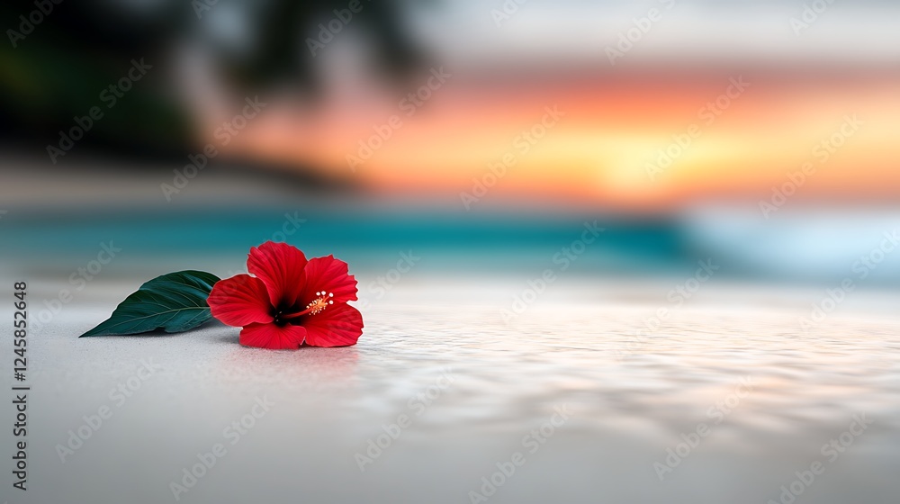 Vibrant red hibiscus flower resting on sandy beach at sunset with ocean waves in background Vibrant red hibiscus flower resting on sandy beach at sunset with ocean waves in background