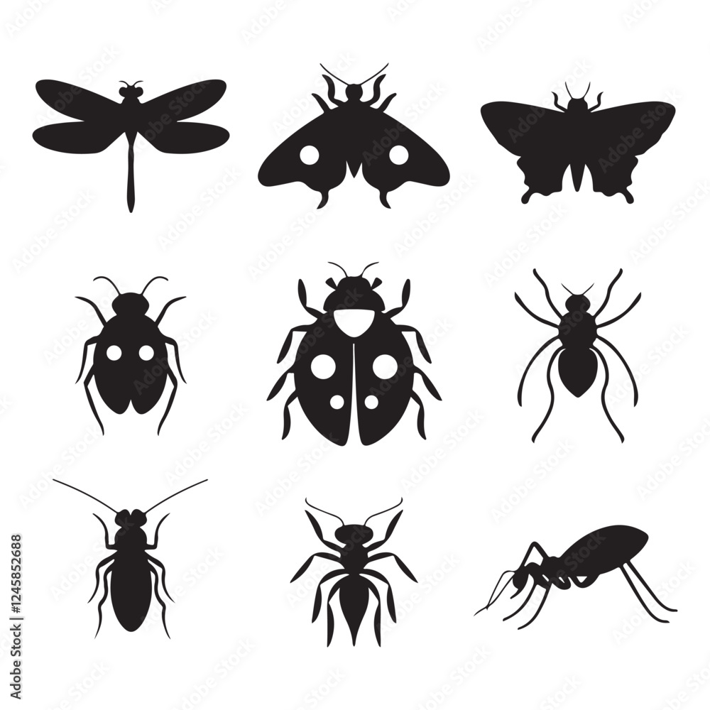 Nine simple black silhouette illustrations of clockwise, a dragonfly, butterfly, moth, spider, ladybug, bee, cockroach, ant, and mosquito, design vector. Nine simple black silhouette illustrations of clockwise, a dragonfly, butterfly, moth, spider, ladybug, bee, cockroach, ant, and mosquito, design vector.