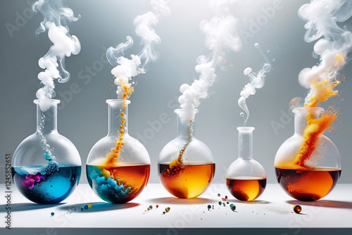   Smoking and burning bottles of chemical reagents in a chemical laboratory ,a white backgroud  laboratory setting where a beakers bubble    smoking on table 
