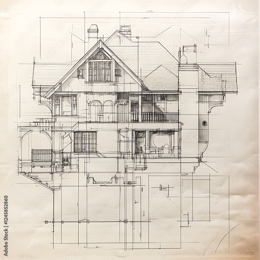 Fototapeta premium Architectural workspace with wooden desk covered in blueprints and tools image
