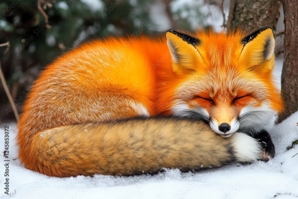 Fototapeta premium Sleepy red fox curled up in the snow during winter in a forest setting