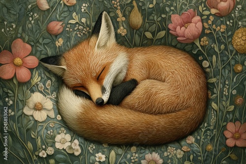 Sleeping fox curled up among flowers in a peaceful garden setting with vibrant colors photo