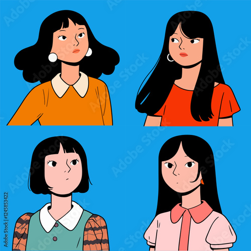 Vector illustration of a set of young women with different hairstyles. Women's day on March 8