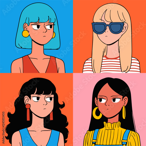 Vector illustration of a set of young women with different hairstyles. Women's day on March 8