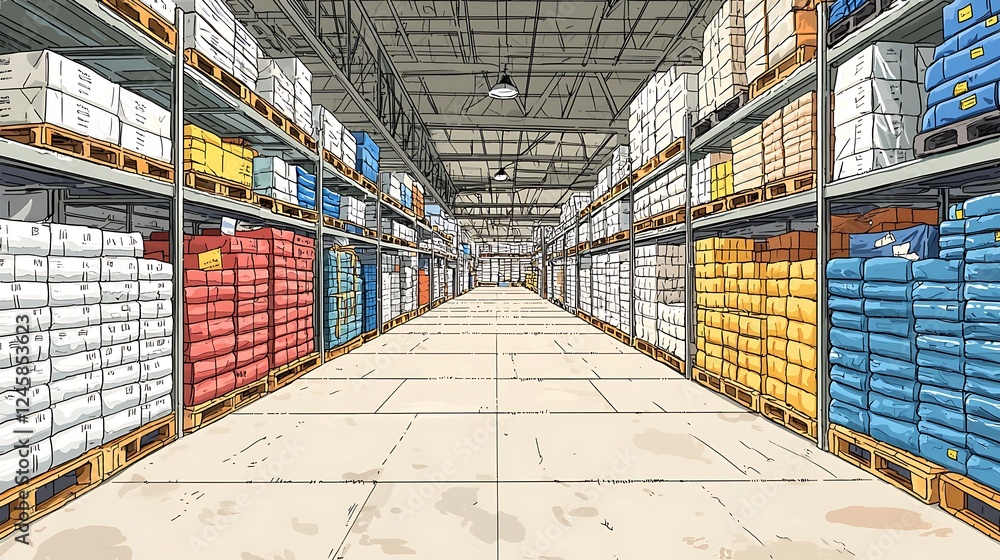 Fototapeta premium Warehouse Interior Rows of Pallets with Cardboard Boxes.