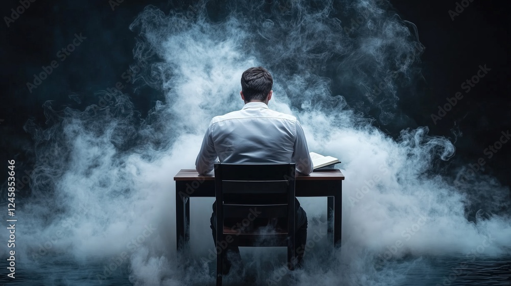 Man seated at desk surrounded by thick smoke. Dark mysterious atmosphere, symbolizing isolation, introspection, or challenges Man seated at desk surrounded by thick smoke. Dark mysterious atmosphere, symbolizing isolation, introspection, or challenges