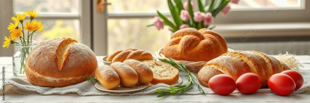 Freshly baked bread and vibrant eggs displayed on a rustic table surrounded by flowers Freshly baked bread and vibrant eggs displayed on a rustic table surrounded by flowers