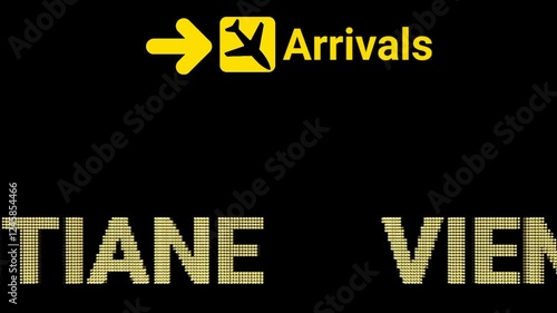 Black Background VIENTIANE Airport’s Animated LED Sign Board Shines Bright.  Suitable for YouTube intros, website banners, or corporate videos focused on aviation and global connectivity