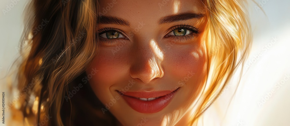 Fototapeta premium Cheerful closeup portrait of a beautiful woman with warm golden hair and radiant smile, soft light casting gentle shadows on her glowing skin