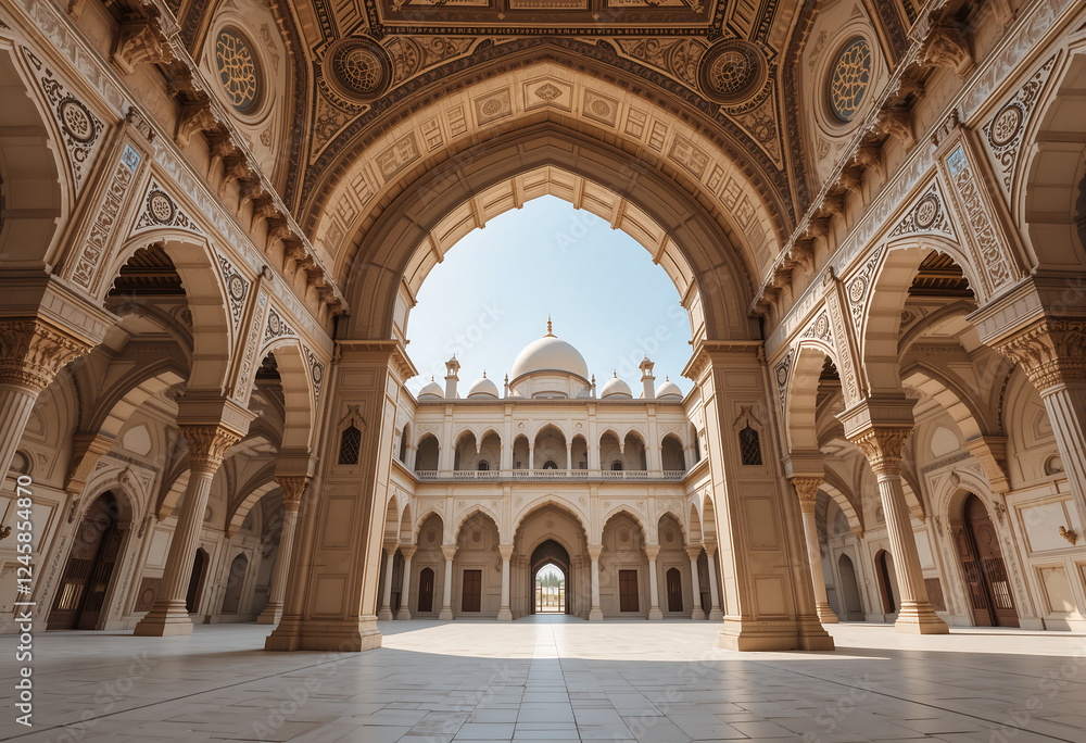 Naklejka premium Arches frame view of a grand structure with domes in a historical courtyard. The bright sunlight illuminates the detailed carvings and open space