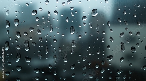 Raindrops on a glass window with a blurred cityscape in the background on a rainy day. Weather and urban mood concept photo