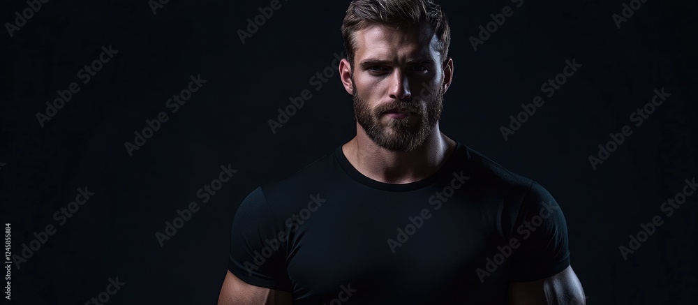 Naklejka premium Confident young man with a beard in a fitted black T-shirt stands strong against a dark background highlighting muscular build and modern flair