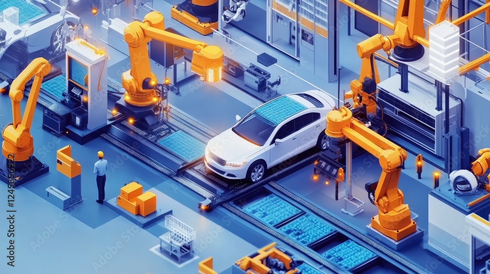 A modern car manufacturing assembly line, with robots and workers assembling vehicles efficiently, capturing the precision of industrial automotive production. A modern car manufacturing assembly line, with robots and workers assembling vehicles efficiently, capturing the precision of industrial automotive production.