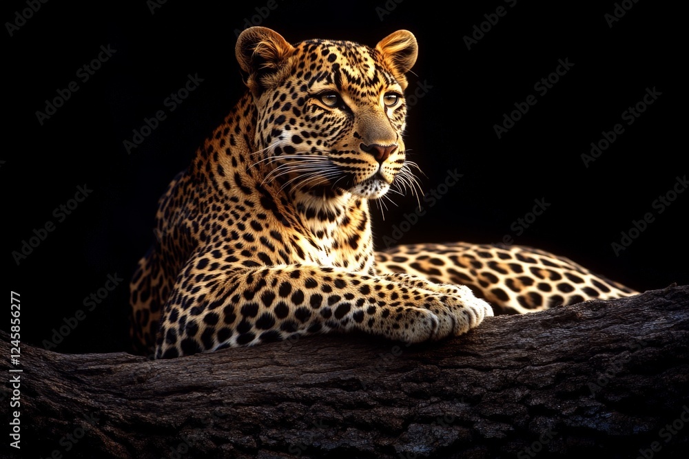 Naklejka premium Majestic leopard resting on a tree branch under soft light in a dark environment
