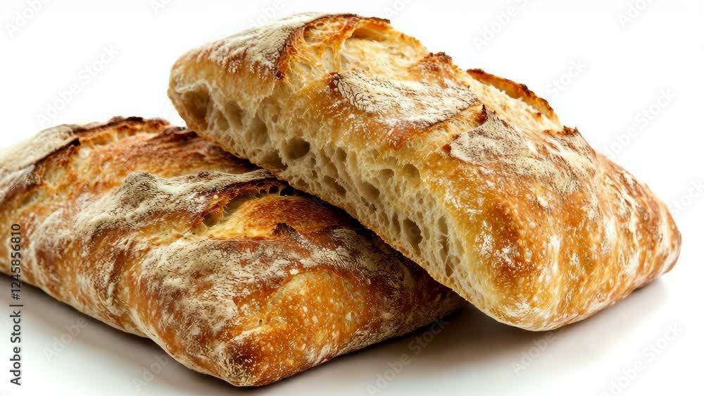 Freshly baked ciabatta bread movement: artisanal texture closeup sequence Freshly baked ciabatta bread movement: artisanal texture closeup sequence