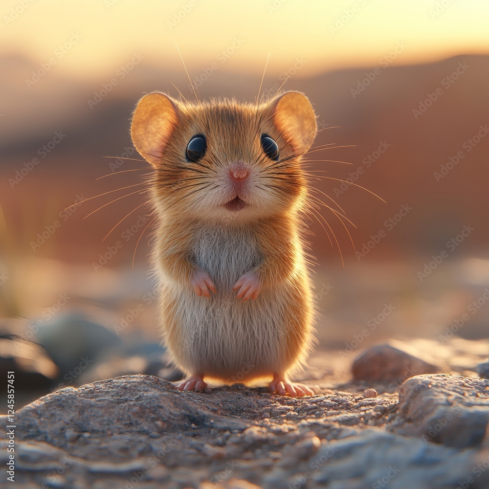 Small brown mouse standing on a rocky surface on Mars The mouse is looking up at the camera with its beady black eyes The sky is a dusty red color and the sun is casting a warm glow on the mouse's fur Small brown mouse standing on a rocky surface on Mars The mouse is looking up at the camera with its beady black eyes The sky is a dusty red color and the sun is casting a warm glow on the mouse's fur