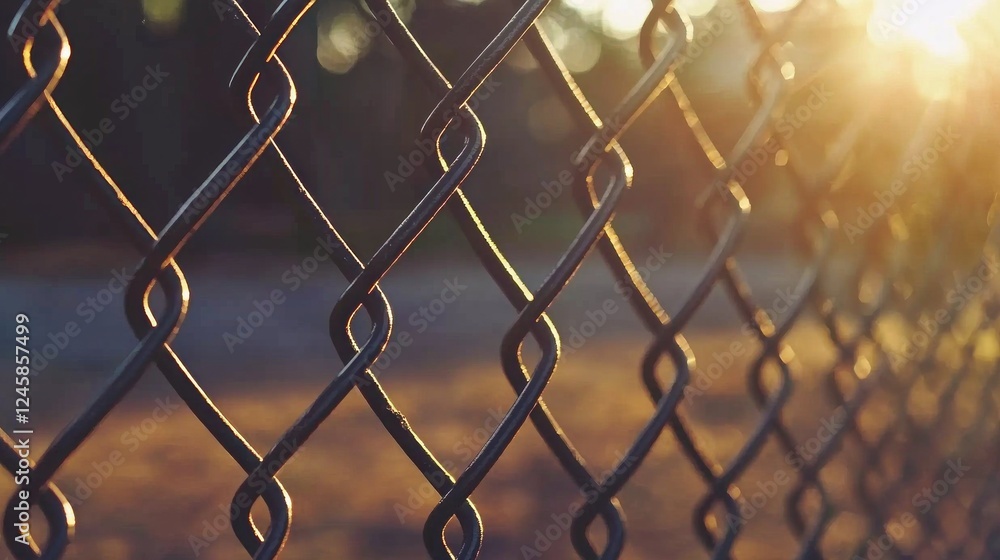 Fototapeta premium A close-up view of a chain link fence captured during the golden hour, where sunlight filters through, creating delicate patterns and warm hues. The surrounding area is serene at dusk