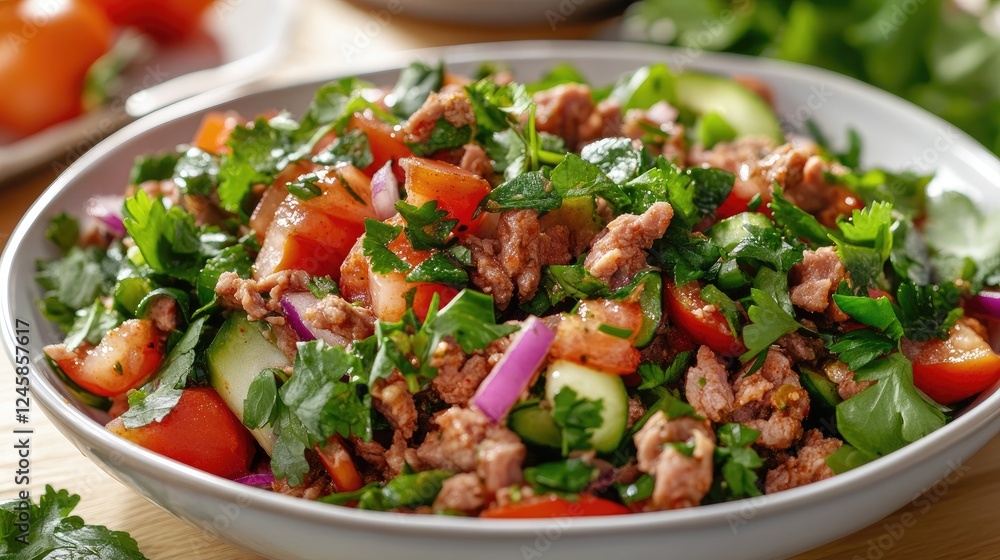 A mouth-watering spicy minced pork salad, topped with herbs and fresh ingredients, showcasing bold flavors and vibrant colors in a bright setting. A mouth-watering spicy minced pork salad, topped with herbs and fresh ingredients, showcasing bold flavors and vibrant colors in a bright setting.