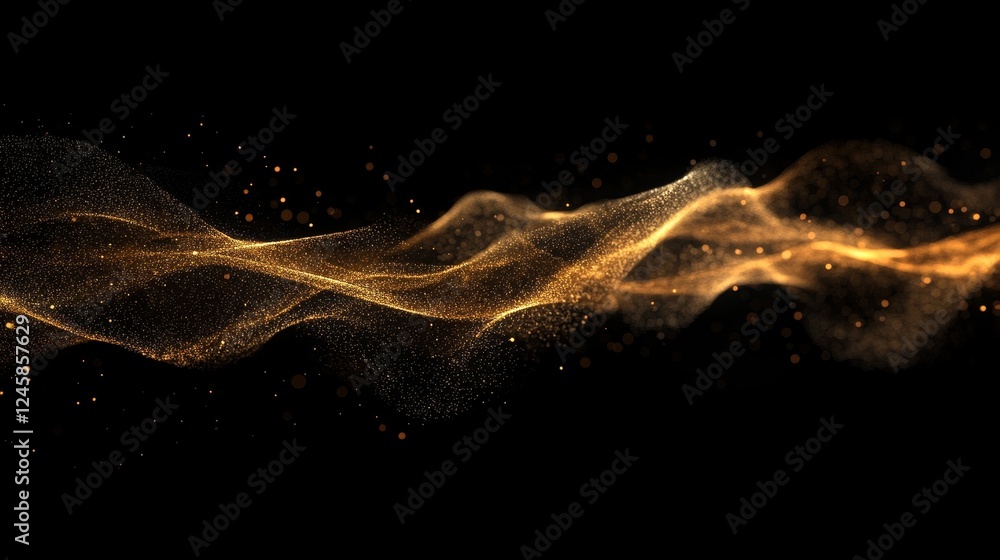 Fototapeta premium Dynamic waves of glowing information particles flow in synchronized motion on a completely black background.