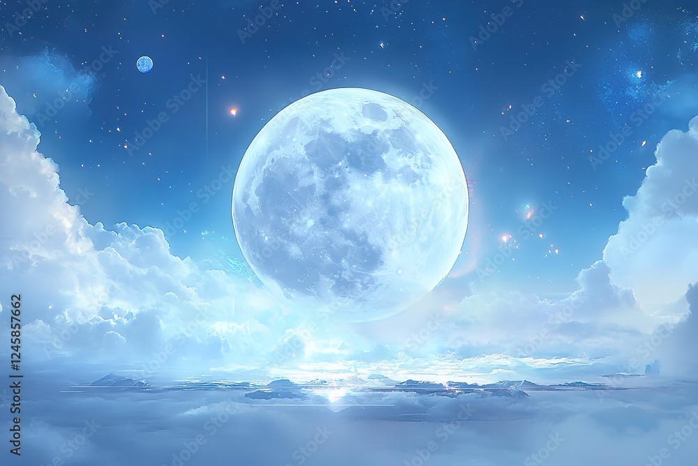 Serene Night Sky: Majestic Full Moon Illuminates the Darkness, Casting a Magical Glow on the Earth Below. A Breathtaking Celestial Display, Perfect for Backgrounds, Posters, and More. Embrace the     
