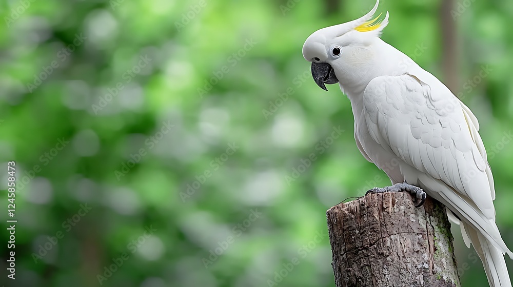 White cockatoo perched on a wooden stump amidst a lush green forest, showcasing vibrant nature White cockatoo perched on a wooden stump amidst a lush green forest, showcasing vibrant nature