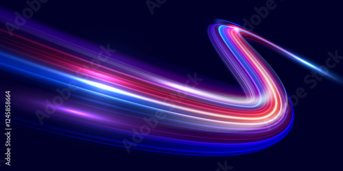 Modern abstract high speed movement. Dynamic motion light trails on dark blue background. Futuristic digital technology movement concept. Pattern for banner. Vector EPS10.