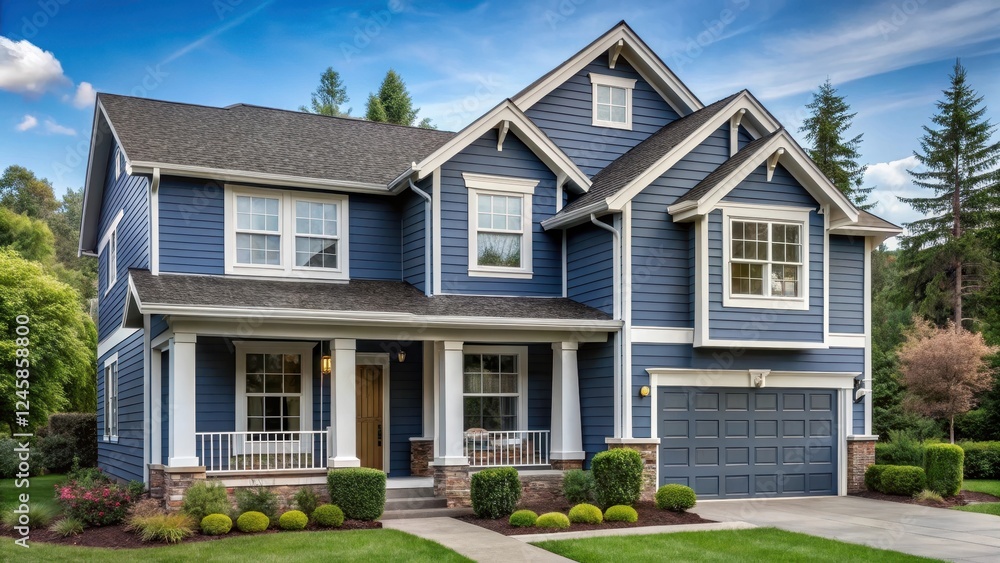 House Front View with Two Stories Blue Gray Siding, vinyl siding, rustic charm House Front View with Two Stories Blue Gray Siding, vinyl siding, rustic charm