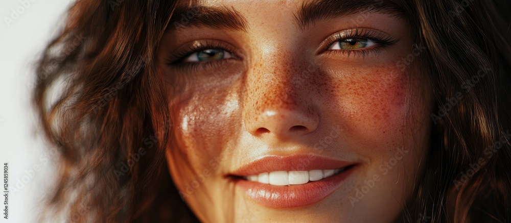 Radiant cheerful model with healthy skin glowing in natural light showcasing freckles and bright smile against a soft blurred background. Radiant cheerful model with healthy skin glowing in natural light showcasing freckles and bright smile against a soft blurred background.