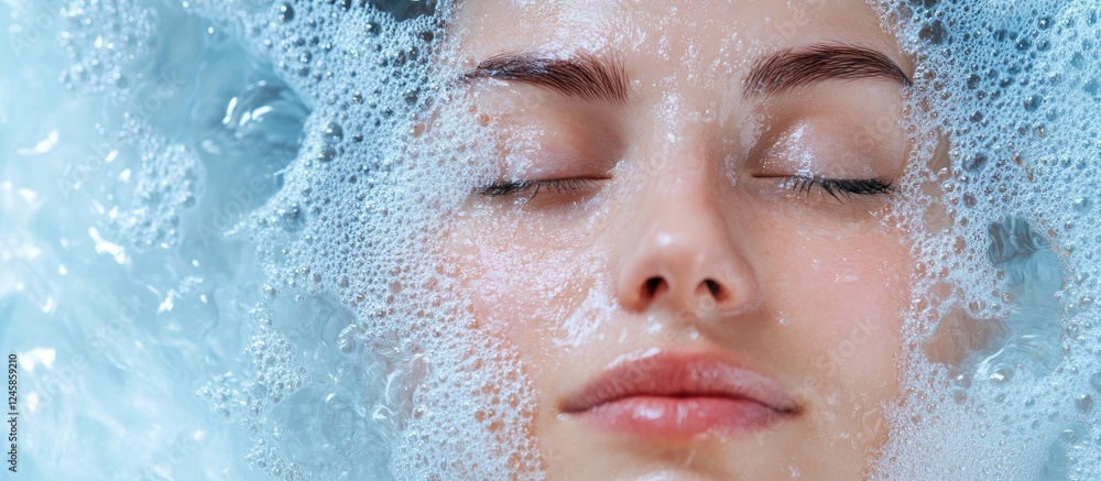 Relaxed woman submerged in bubbles with soft skin tones and a serene expression, focusing on tranquility and self-care in a spa-like setting. Relaxed woman submerged in bubbles with soft skin tones and a serene expression, focusing on tranquility and self-care in a spa-like setting.