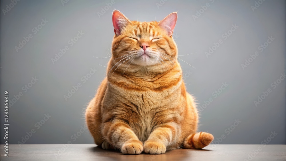 Obraz premium A plump red feline in a serene position, eyes closed and face tilted upwards as if in deep contemplation and meditation , paws up, cat sitting
