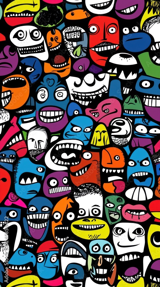 Fototapeta premium Colorful cartoon faces pattern, fun background, graphic design, website decoration