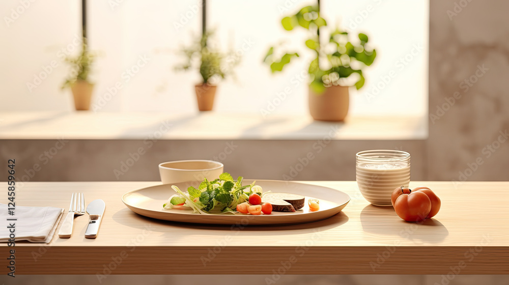 Simple healthy meal with salad and milk on wooden table in sunlit kitchen Simple healthy meal with salad and milk on wooden table in sunlit kitchen