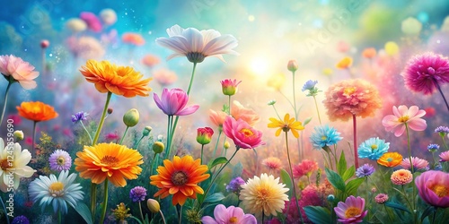 Fototapeta Naklejka Na Ścianę i Meble -  Delicate watercolor flowers in soft light colors, a panoramic wallpaper.