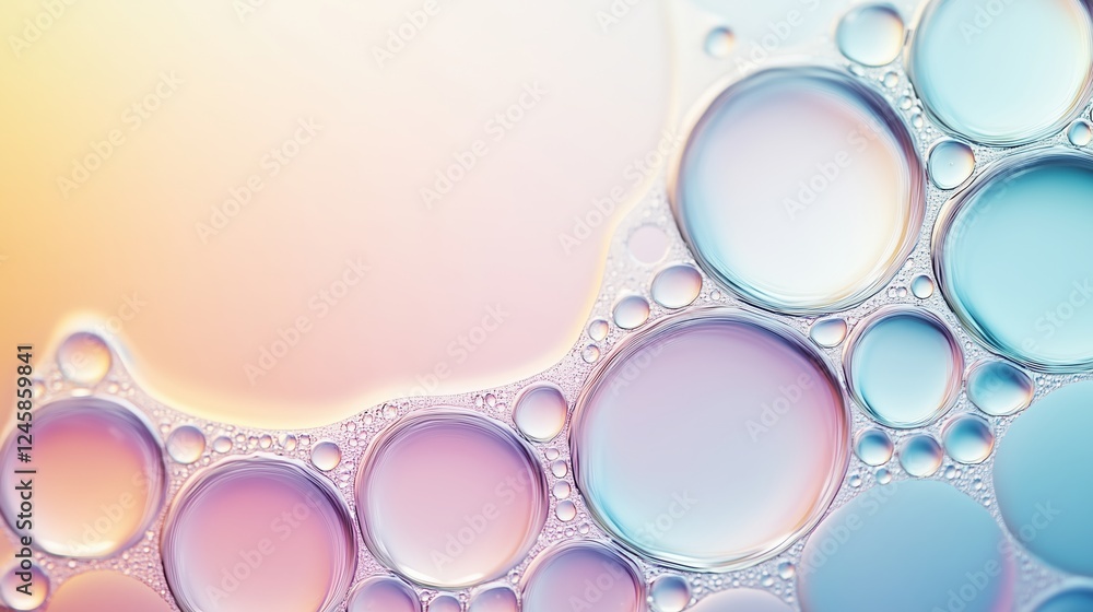 Close-up of colorful bubbles on gradient background. playful design for scientific or cosmetic projects Close-up of colorful bubbles on gradient background. playful design for scientific or cosmetic projects