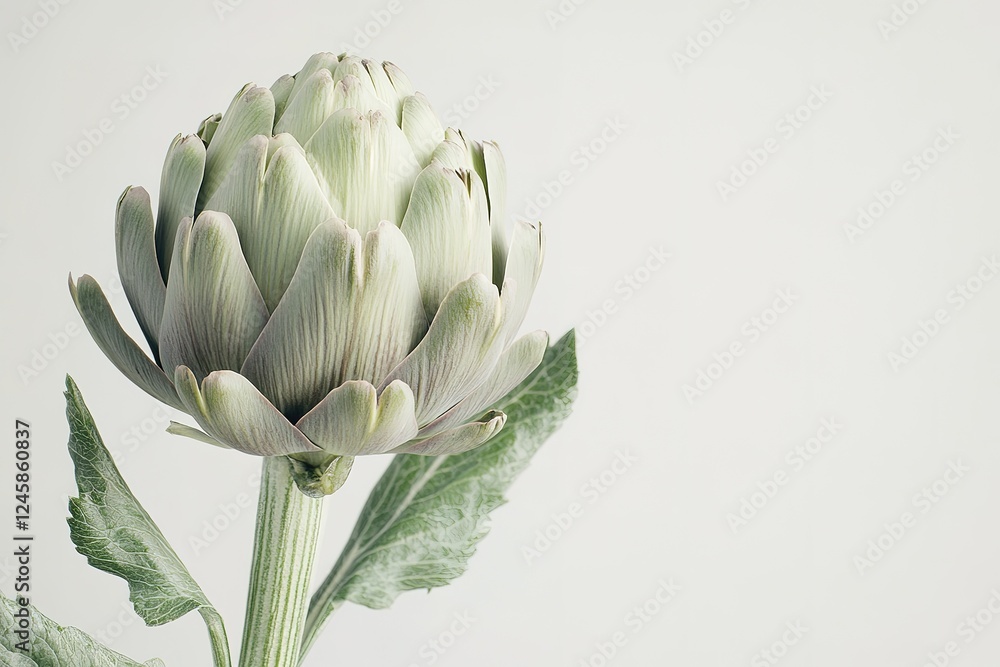 Fototapeta premium Vibrant Green Artichoke: Fresh from the Garden, Ready for Culinary Delights. A Single, Exquisite Artichoke Showcases its Lush, Intact Green Leaves and Sturdy Stem, Perfect for Recipes, Menus, or 