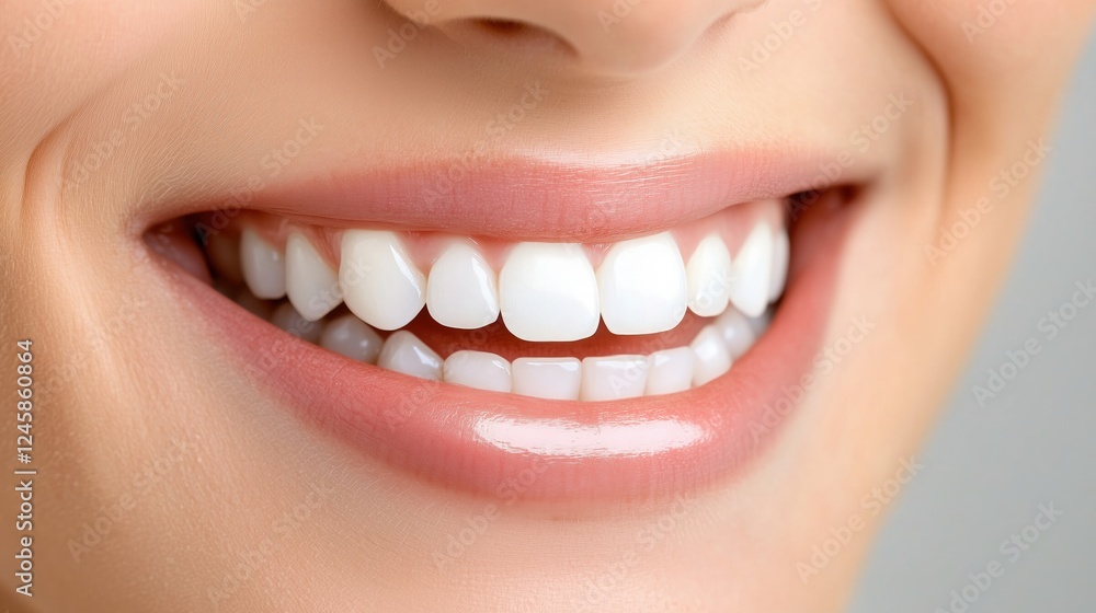 Obraz premium Close-up of a smiling mouth with bright white teeth. Oral health and dental care concept. Wellness and beauty in focus.