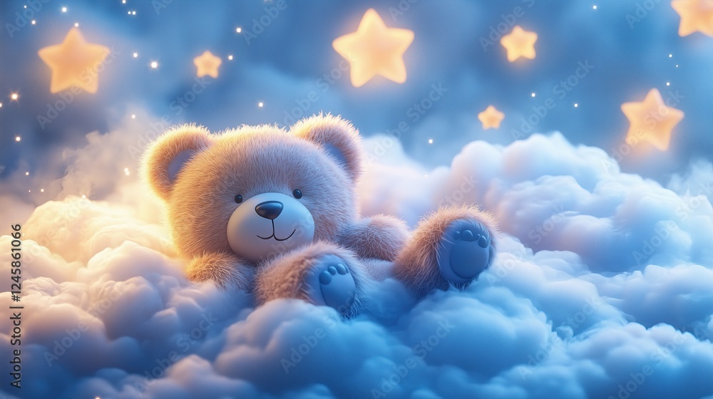 Fototapeta premium Adorable bear lying on a fluffy pastel cloud, gazing at twinkling stars in a serene, magical landscape