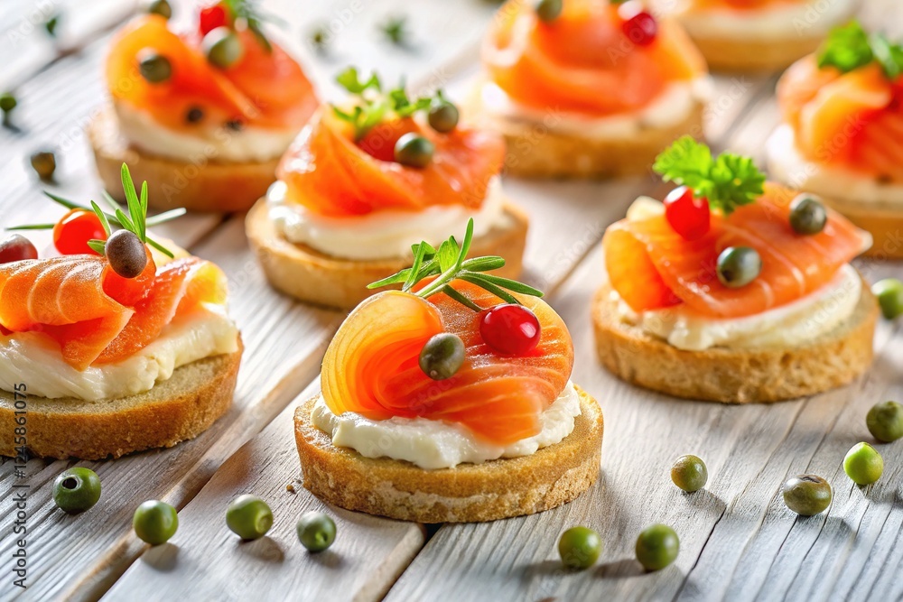Elegant and Tasty Canapes with Salmon, Capers, and Sauce Elegant and Tasty Canapes with Salmon, Capers, and Sauce