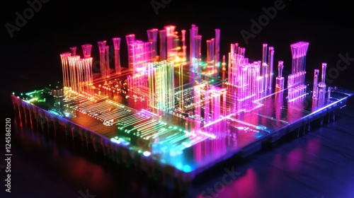 Conceptual portrayal of a glowing nanoscale computer chip with holographic circuit patterns creating dynamic visuals photo