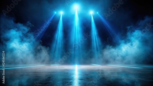 Mysterious foggy landscape with bright blue neon lights and spotlight beams on a black background  haze  spotlights