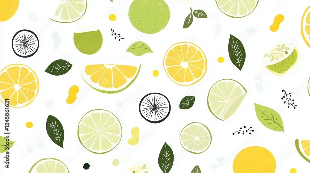 Citrus slices and green leaves forming bright, dynamic pattern. Lemon, lime, geometric shapes generating fresh, summery visual design for textile or graphic backgrounds Citrus slices and green leaves forming bright, dynamic pattern. Lemon, lime, geometric shapes generating fresh, summery visual design for textile or graphic backgrounds