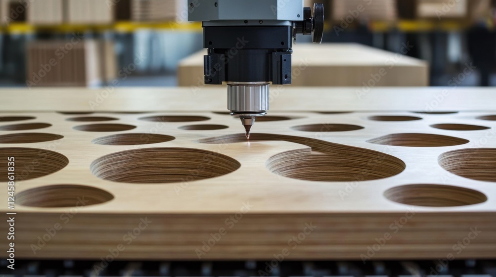 A high-tech CNC machine cutting precise designs into wooden panels in a furniture factory A high-tech CNC machine cutting precise designs into wooden panels in a furniture factory