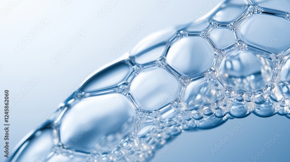 Close-up of delicate soap bubbles with intricate patterns and blue gradient background. hygiene and cleaning concepts Close-up of delicate soap bubbles with intricate patterns and blue gradient background. hygiene and cleaning concepts