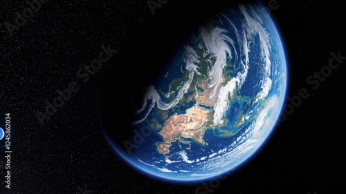 The video begins with a serene wide-angle view of Earth from space, highlighting vibrant oceans and swirling clouds. The camera zooms in, revealing a scorched field where people plant trees, symbolizi