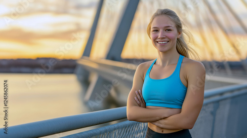 Free Download Athletic woman standing confidently on bridge during golden sunset, radiating health and fitness with relaxed posture and warm smile expressing personal accomplishment - GFXLoad