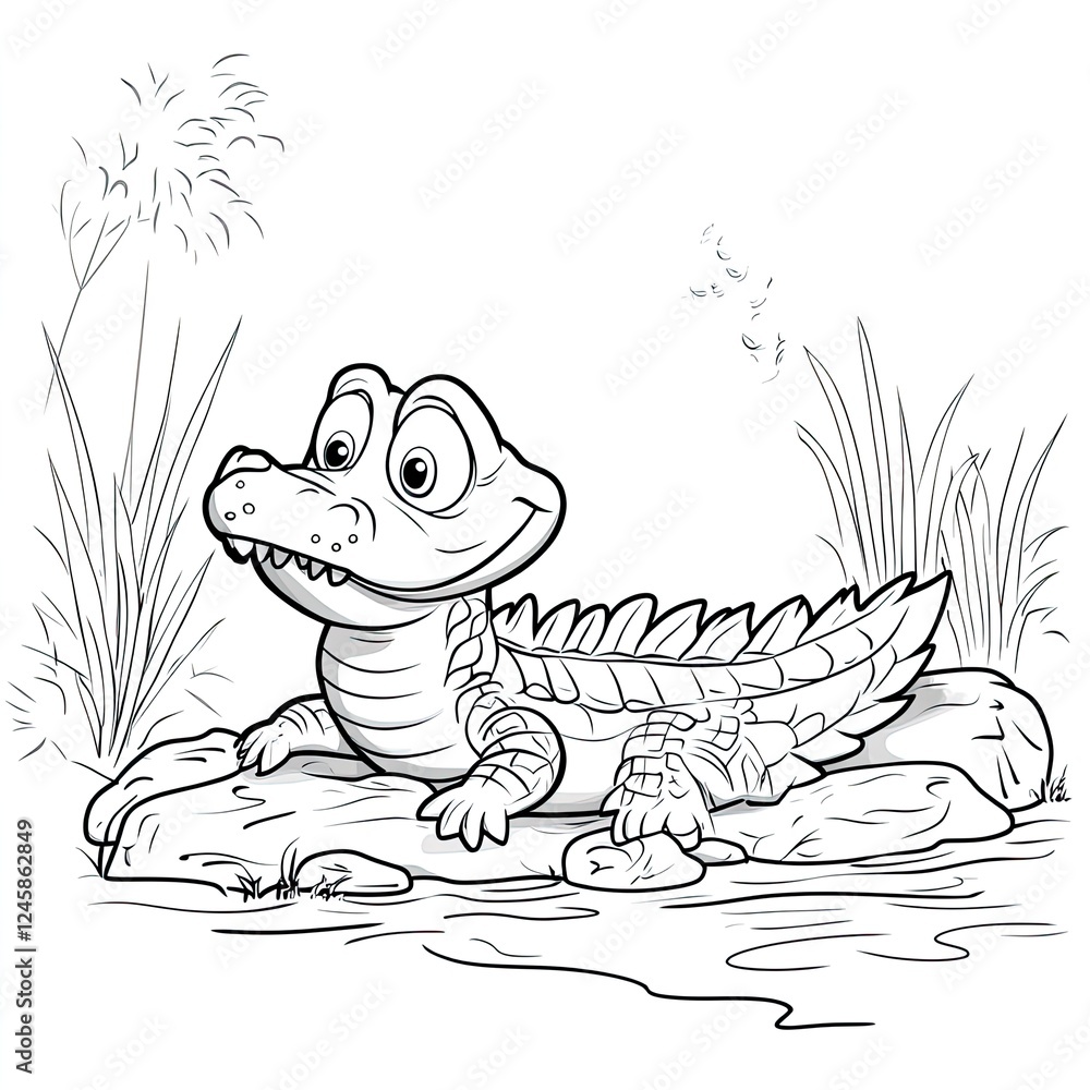 Fototapeta premium Crocodile Riverbank Simple Coloring Book Design