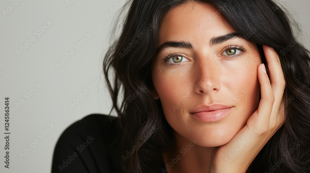 Confident woman with long dark hair resting hand near face, portraying natural beauty and serene elegance with relaxed expression Confident woman with long dark hair resting hand near face, portraying natural beauty and serene elegance with relaxed expression
