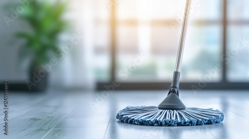 Wallpaper Mural Blue microfiber mop head on a shiny wooden floor with blurred greenery in the background. Cleanliness and household cleaning concept. Torontodigital.ca